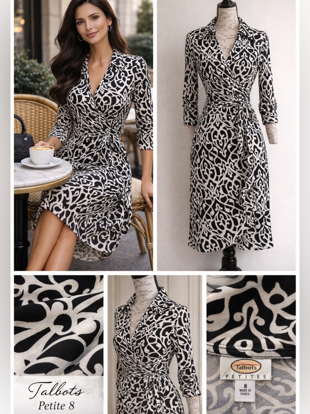 Talbots Petite 8 Black White Wrap Dress Moroccan Print Stretch Rayon - Picture 2 of 11